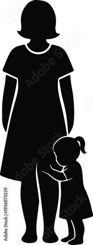 Vector mother standing while her young daughter hugs her leg silhouette design