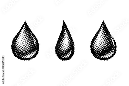 Eco-friendly icon water drop symbol shown as a single object from three different angles: front view, side view, and three-quarter view. Black and white dot
