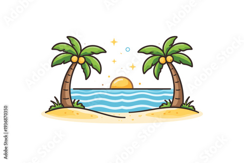 Palm trees summer vacation mood shown by two palm trees framing a simple horizon line and gentle waves, suggesting travel, rest and carefree time by the sea.