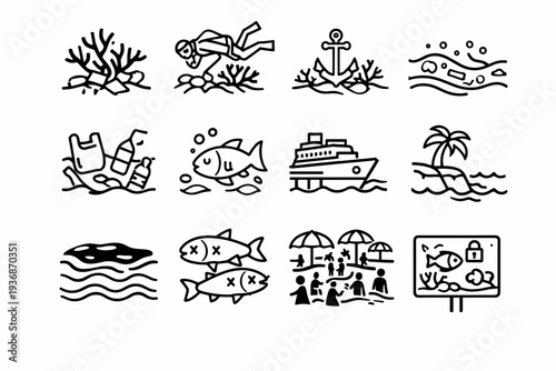 Marine Tourism Impact. Line icon set of Marine Tourism Impact: coral breakage, snorkeler damage, boat anchor reef, polluted ocean waves, plastic in sea,