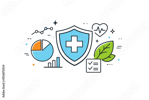 Preventive health analytics objects. Shield with cross icon surrounded by data points, pie chart, and leaf, representing immunity insights and lifestyle-based