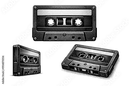 Music poster layout featuring a cassette tape as the central object shown from front view, side view, and three-quarter view as a single object set with