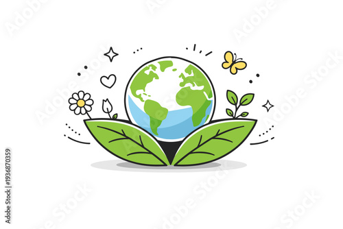 Green planet spring concepts. Clean composition with a small earth resting on leaves, calm spring atmosphere conveying hope, care, and future-focused thinking.
