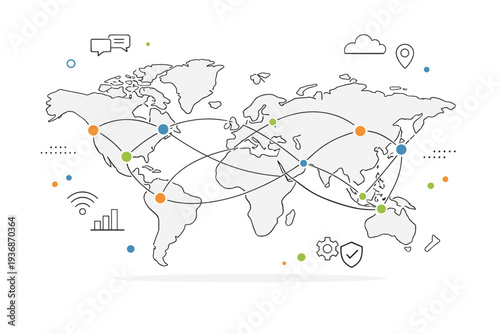 Global connection map concept. A simplified world map with soft lines connecting continents, calm sense of global communication and data flow. The scene feels