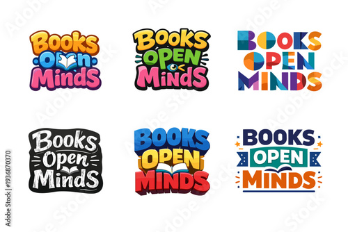 Books Open Minds. Set lettering. harmonious lettering variations of the same emblematic concept, each with different artistic interpretation (Rounded bubble
