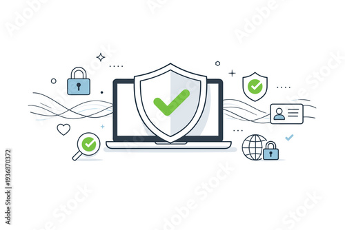 Cyber security. Calm editorial scene with a shield icon protecting a laptop, soft data lines and minimal symbols expressing safety, trust, and