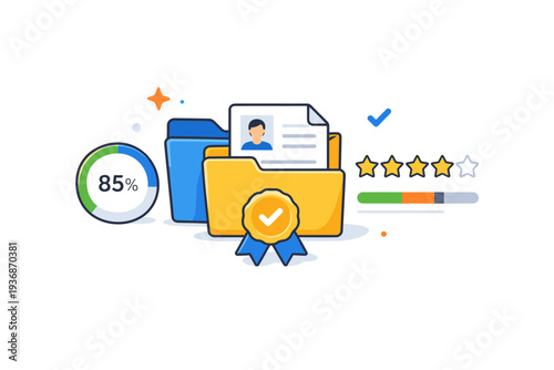Digital portfolio career presentation concept with folders, star ratings, and progress indicators, representing achievements, credibility, and professional