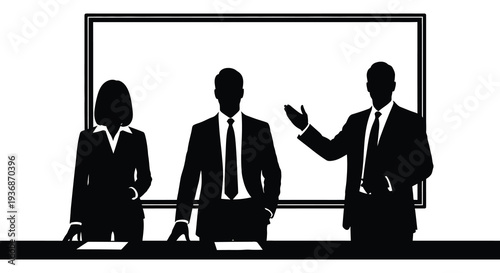 A black silhouette illustration depicts three business professionals in front of a blank screen high quality