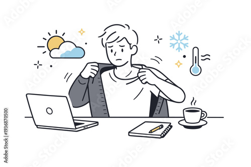 Seasonal discomfort visuals. Person at a desk adjusting clothing while subtle weather icons suggest changing temperature. Mild irritation and adaptation