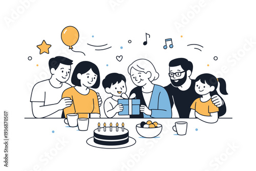 Family celebration. A warm editorial scene with simplified family figures gathered together, sharing smiles and gentle interaction during a cozy celebration.