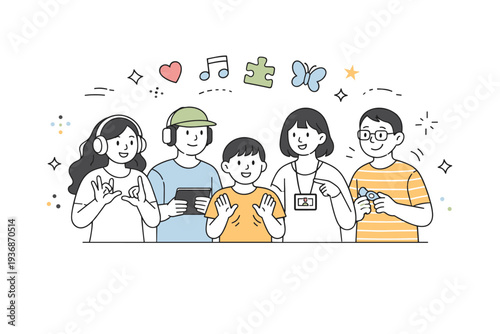 Neurodiversity awareness. Group of people with different expressions and communication styles standing together. Sense of respect for differences and