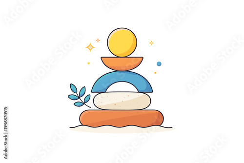 Harmony simple shapes and organic forms arranged in perfect balance, conveying stability, calm emotions, and visual unity. Minimalist flat vector illustration,