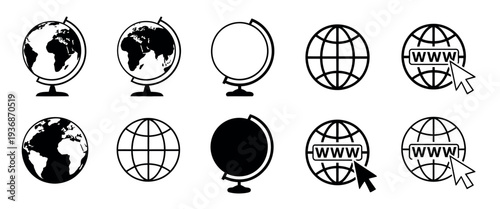 Set of World Globe Icons Vector Featuring Earth Map Continents on Global Planet Sphere Background Illustration