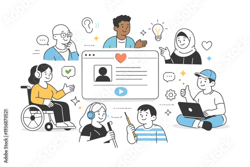 Human-centered design mindset. Diverse people represented around a central interface, emphasizing empathy and accessibility. Inclusive thinking, balanced