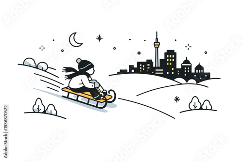 Night sledding with city lights. A snowy hill with a sled in motion, glowing city skyline in the distance, and soft motion lines suggesting speed. Calm and