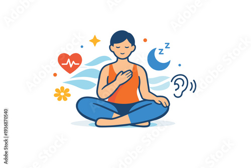 Gentle fitness recovery concept expressing rest and restoration, illustrated by a seated figure with soft waves and supportive symbols suggesting care and