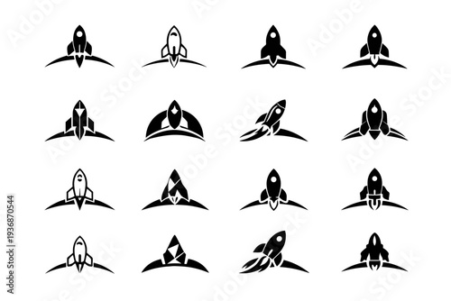 Rocket. Icon set. Set Logo of rocket: rocket trajectory arc. harmonious logo variations of the same emblematic concept, each with different artistic