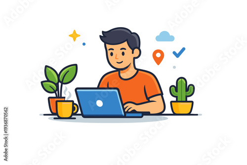 Freelancer lifestyle a person working calmly on a laptop with coffee and plants nearby, expressing independence, flexibility, and modern remote work balance.