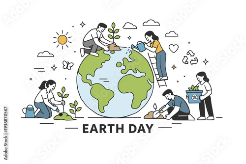Earth Day sustainability scene. People planting trees and caring for greenery around a minimal planet form, expressing collective action and environmental