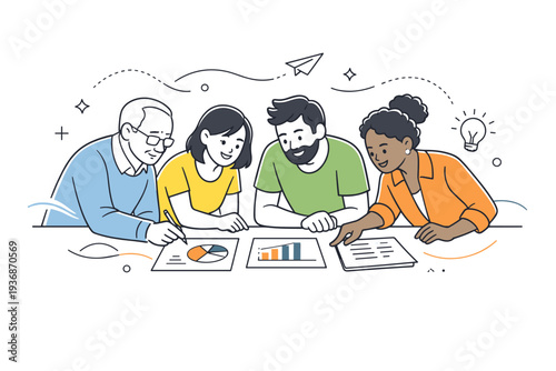 Collaborative discussion. Team members of different ages and ethnicities lean over a table reviewing charts and notes, with soft abstract decorative lines