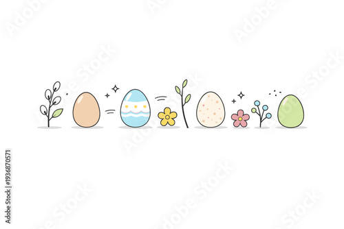 Spring Easter decor. Minimal objects like eggs, branches, and tiny flowers aligned in a gentle rhythm. The illustration suggests freshness, renewal, and quiet