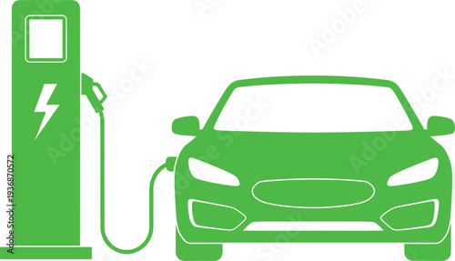Green electric vehicle charging at station with power cable and lightning bolt symbol for eco friendly transport renewable energy and sustainable environment vector.
