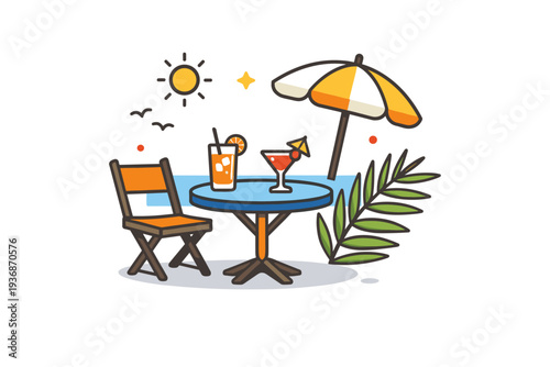 Beachside cafe sunny moment with a small table, drinks and palm leaves nearby, symbolizing vacation mood, relaxation and seaside comfort. Minimalist flat