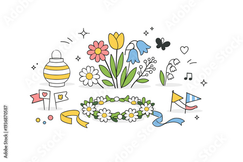 Flower festival illustrations. Minimal still-life of festival flowers, ribbons, and simple decorations arranged neatly. Peaceful celebratory mood focused on