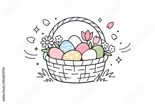 Easter basket close-up. A basket filled with pastel eggs and spring flowers resting on grass, soft floating icons of petals, sparkles, and gentle curves adding