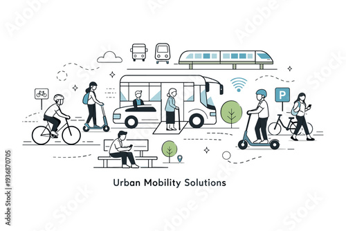 Urban mobility solutions overview. Calm editorial scene of people choosing different transport options in a modern city, showing balance, accessibility, and