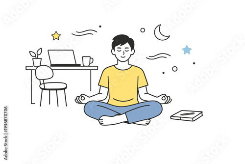 Daily mindfulness moment. A person pauses from work to meditate briefly, sitting beside a minimal desk with eyes closed. The mood highlights balance,