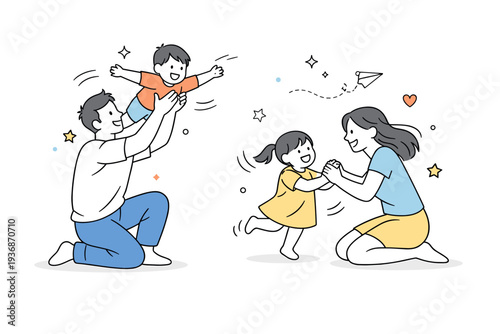 Playful family moment. Parents playing with children, light movement and smiling faces. Joyful interaction and positive energy with soft motion