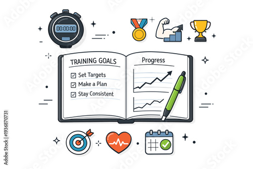 Athlete goal-setting notebook. Flat lay of a training journal, pen, stopwatch, and simple progress icons arranged neatly. Calm focused mood highlighting