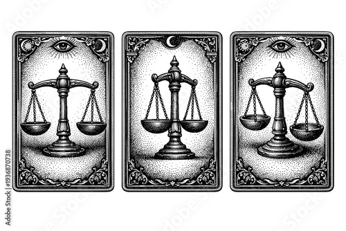 Tarot card design with a balance scale emblem centered in an ornate frame shown from front view, side view, and three-quarter view as a single object set with