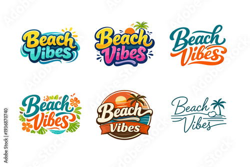 Beach Vibes. Set lettering. harmonious lettering variations of the same emblematic concept, each with different artistic interpretation (Rounded bubble playful