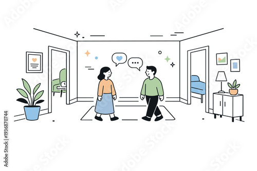 Therapeutic space hallway. A corridor in a wellness or medical center with open space, soft light, and muted wall elements. The scene suggests approachability,