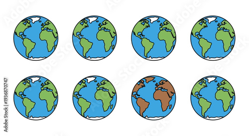 Illustration of earth globes depicting changing landmasses over time