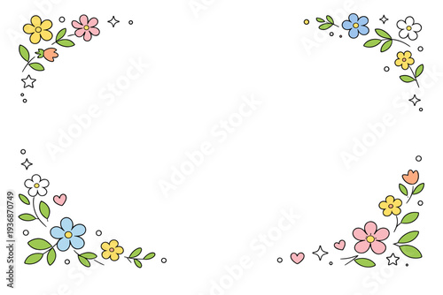 Floral spring background frame. Small decorative flowers and leaves lightly scattered along the edges, framing a clean central area. Friendly, calm, and