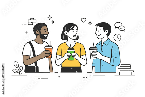 Modern friendship rituals. Friends meeting after work with takeaway drinks, relaxed smiles and easy conversation. Casual connection woven into everyday