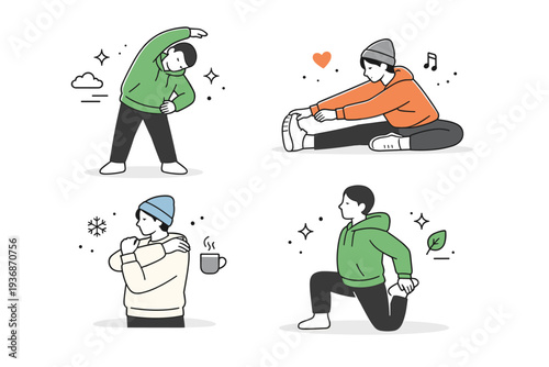 Stretching routines for cold seasons ? Stretching with warm layers on. Person wearing sweater or hoodie while stretching gently, emphasis on safety, comfort,