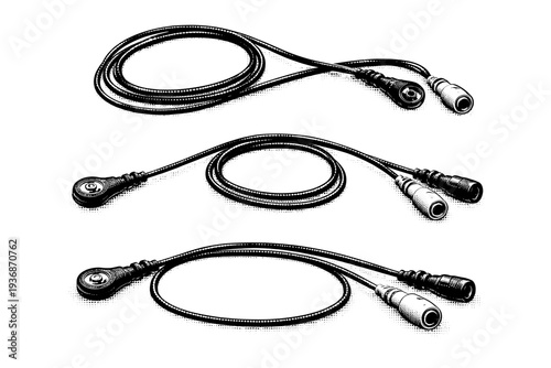 Unplugged heart monitor electrode cable. A realistic heart monitor electrode cable represented as the same object in three different positions