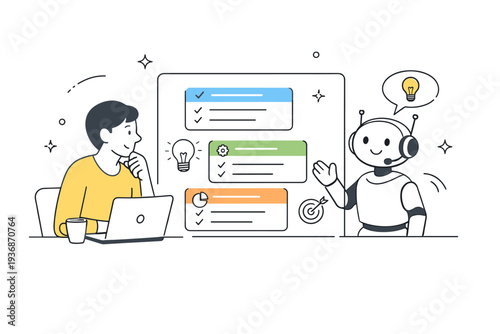 AI-assisted teamwork. A focused person reviewing suggestions generated by a machine on a transparent screen. The illustration conveys support, efficiency, and