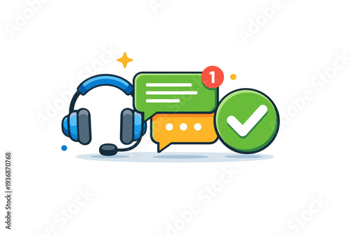 Customer support service a balanced composition of headset, chat window, and checkmark symbols, communicating reliability, resolution, and positive customer