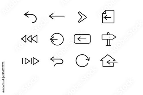 Go Back. Line icon set of Go Back: back arrow, left arrow, navigation chevron, previous page, backward motion, UI back button, step back, direction sign, app