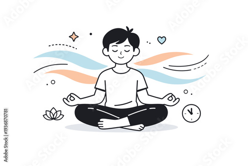 Mindful yoga session. Editorial-style scene with a simple character in a breathing or meditation pose, abstract waves suggesting calm airflow and inner