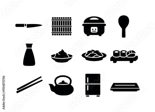 Collection of Japanese food and kitchen icons including sushi, rice, and cooking utensils