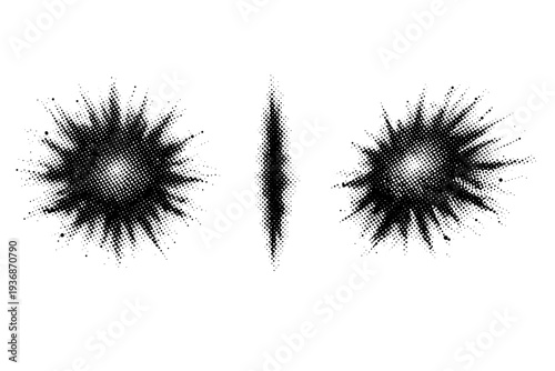 Halftone dotted splatter art radial stain A radial stain splatter is represented as a single object displayed from three different views: front view, side