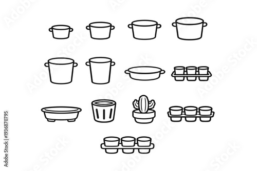 Pot Sizes. Line icon set of Pot Sizes: tiny pot, small pot, medium pot, large pot, extra large pot, deep pot, shallow pot, mini propagation pot, bonsai pot,