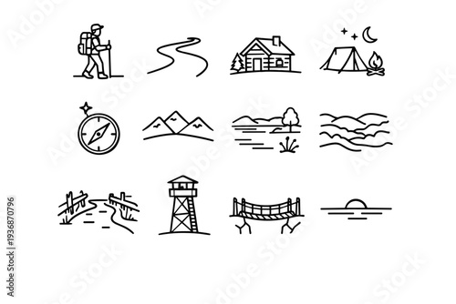 Solitary Exploration. Line icon set of Solitary Exploration: lone hiker, empty trail, remote cabin, night camp, star navigation, distant mountains, quiet lake,