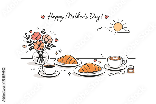 Mother?s Day brunch setup. Table with flowers, croissants, coffee cups, and soft sunlight streaming in, relaxed and inviting mood. Clean editorial visual for